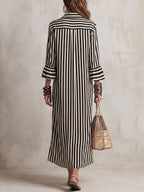 Striped Split-Joint Contrast Color Three-quarter Sleeves Ruffle Sleeves Lapel Midi Dresses