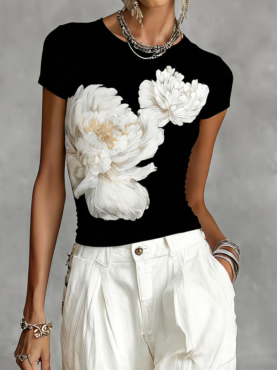 Flower Print Contrast Color Short Sleeves Round-Neck T-Shirts Tops