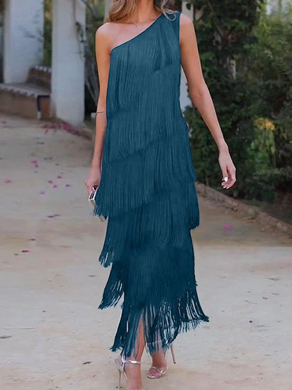 Loose Sleeveless Asymmetric Solid Color Split-Joint Tasseled One-Shoulder Maxi Dresses