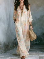 Printed Pockets Loose Contrast Color Plus Size V-neck Maxi Dresses