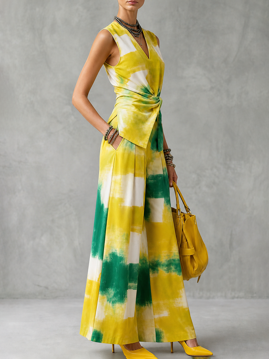 Printed Pockets Pleated Contrast Color Wide Leg High Waisted Trousers Pants