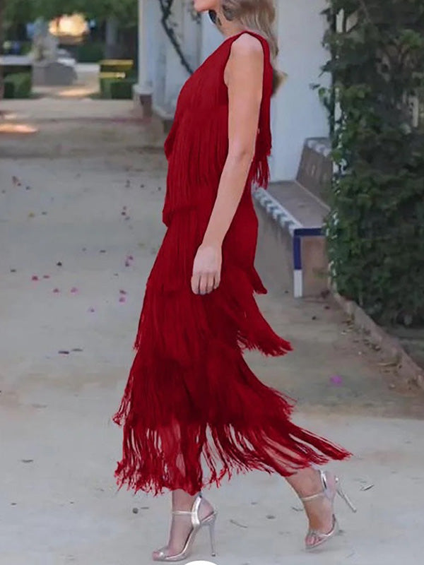 Loose Sleeveless Asymmetric Solid Color Split-Joint Tasseled One-Shoulder Maxi Dresses
