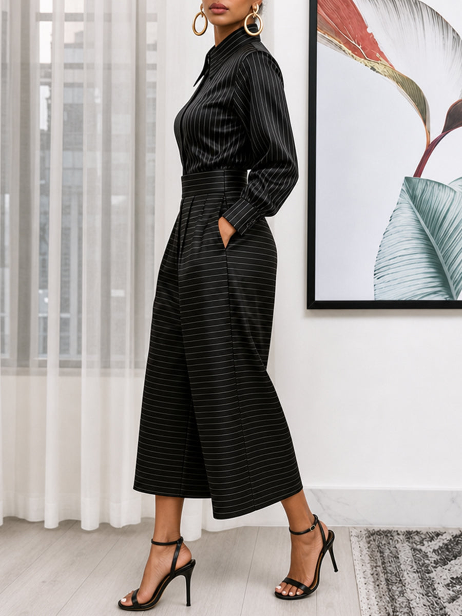 Striped Pockets Pleated Wide Leg Loose Pants Cropped Trousers