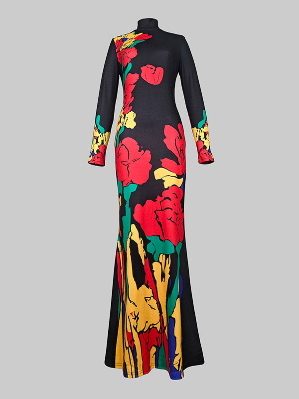 Skinny Flower Print Multi-Colored High Neck Maxi Dresses