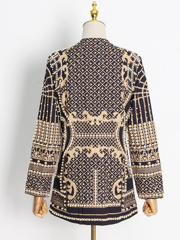 Long Sleeves Loose Beads Printed V-Neck Blazer Outerwear(Size is larger than normal.)
