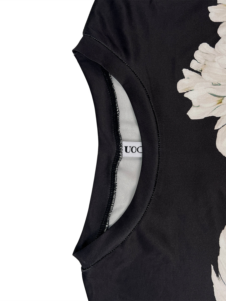 Flower Print Contrast Color Short Sleeves Round-Neck T-Shirts Tops