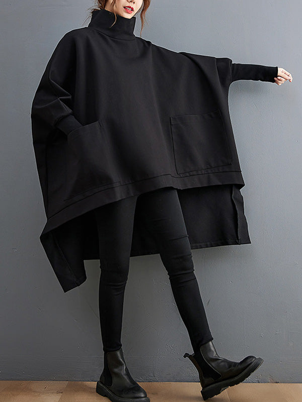 Urban Solid Color High-Neck High-Low Sweatshirt Top