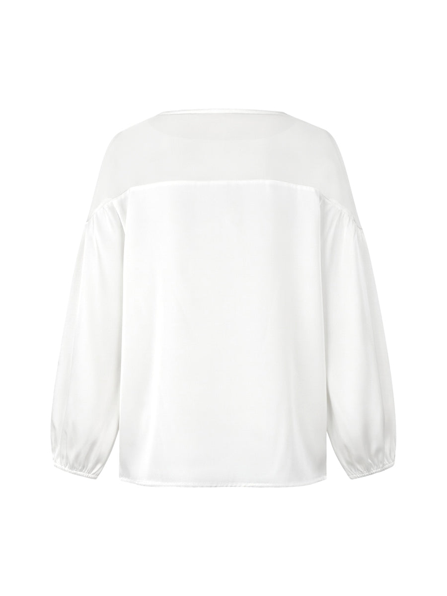 Loose Puff Sleeves Applique Flower Shape Mesh Split-Joint Round-Neck Blouses&Shirts Tops