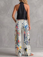 Pockets Graffiti Printed Contrast Color Buttoned Wide Leg High Waisted Trousers Pants