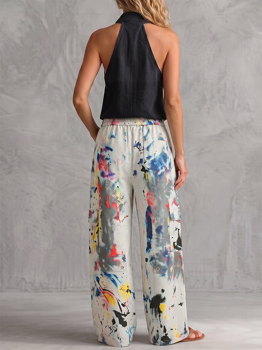 Pockets Graffiti Printed Contrast Color Buttoned Wide Leg High Waisted Trousers Pants