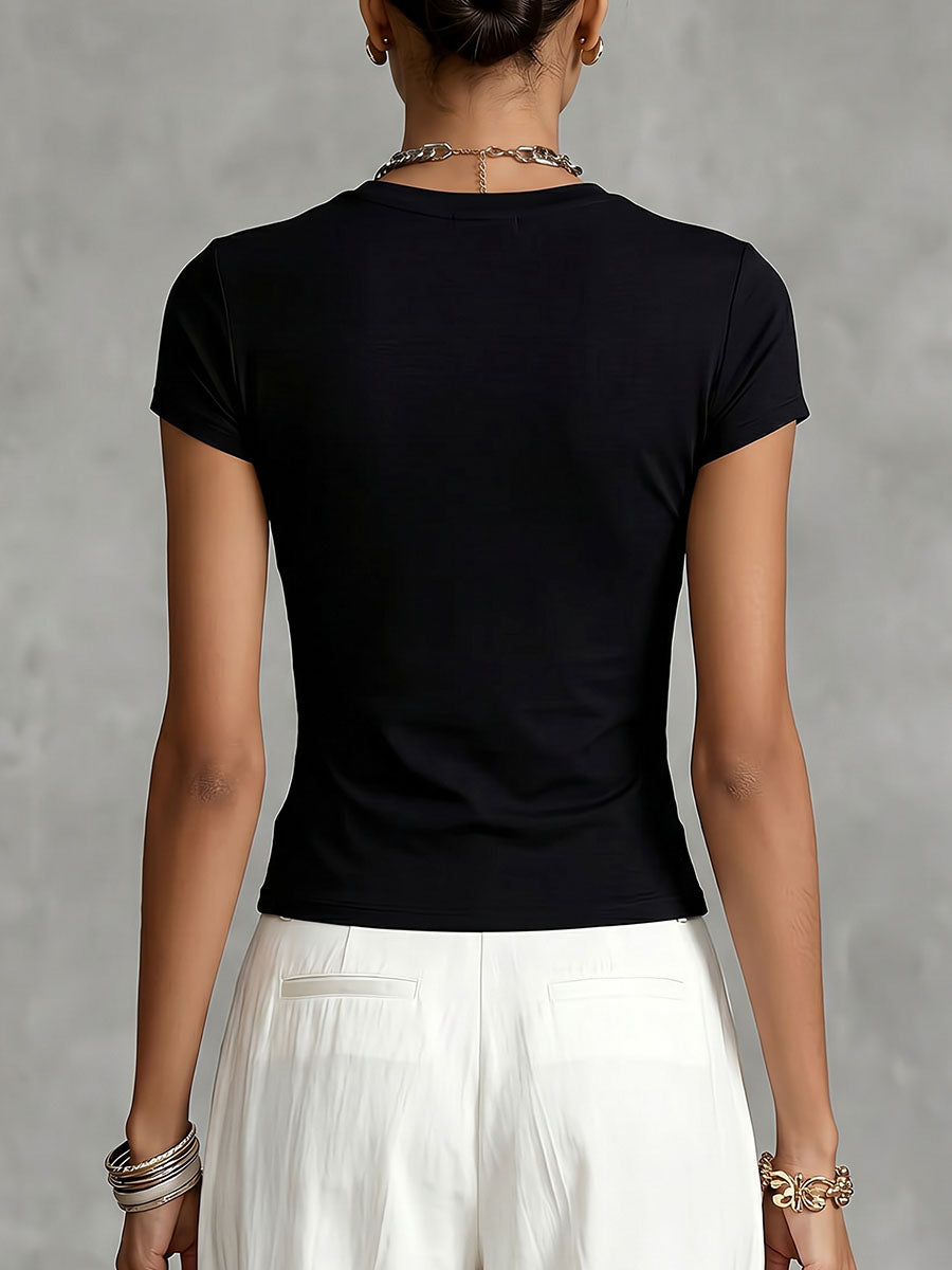 Flower Print Contrast Color Short Sleeves Round-Neck T-Shirts Tops