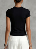 Flower Print Contrast Color Short Sleeves Round-Neck T-Shirts Tops