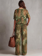 High Waisted Wide Leg Contrast Color Elasticity Leopard Pockets Pants Trousers
