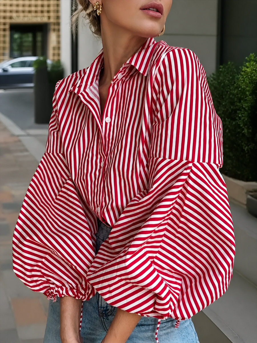 Striped Split-Joint Drawstring Buttoned Puff Sleeves Loose Lapel Blouses&shirts Tops