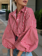 Striped Split-Joint Drawstring Buttoned Puff Sleeves Loose Lapel Blouses&shirts Tops