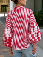 Striped Split-Joint Drawstring Buttoned Puff Sleeves Loose Lapel Blouses&shirts Tops