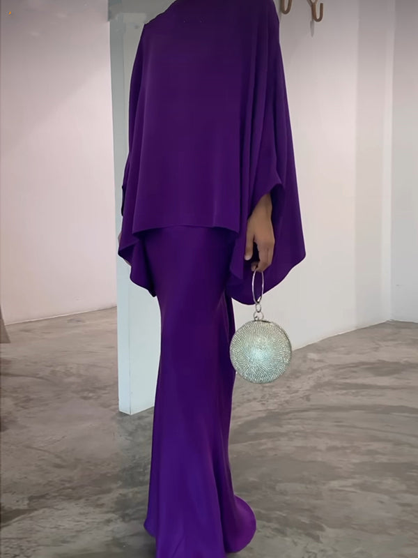 Batwing Sleeves Pearl Solid Color Round-Neck Shirts&Skirts Suits