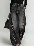 Split-Joint Pockets Hollow Geometric Buttoned Wide Leg Loose Jean Pants Bottoms