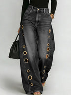 Split-Joint Pockets Hollow Geometric Buttoned Wide Leg Loose Jean Pants Bottoms