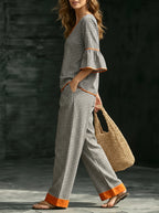 Split-Joint Plaid Contrast Color Three-quarter Sleeves Flared Sleeves V-neck Blouses&shirts Tops