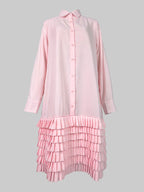 A-Line Long Sleeves Layered Pleated Pockets Solid Color Split-Joint Lapel Midi Dresses Shirt Dress