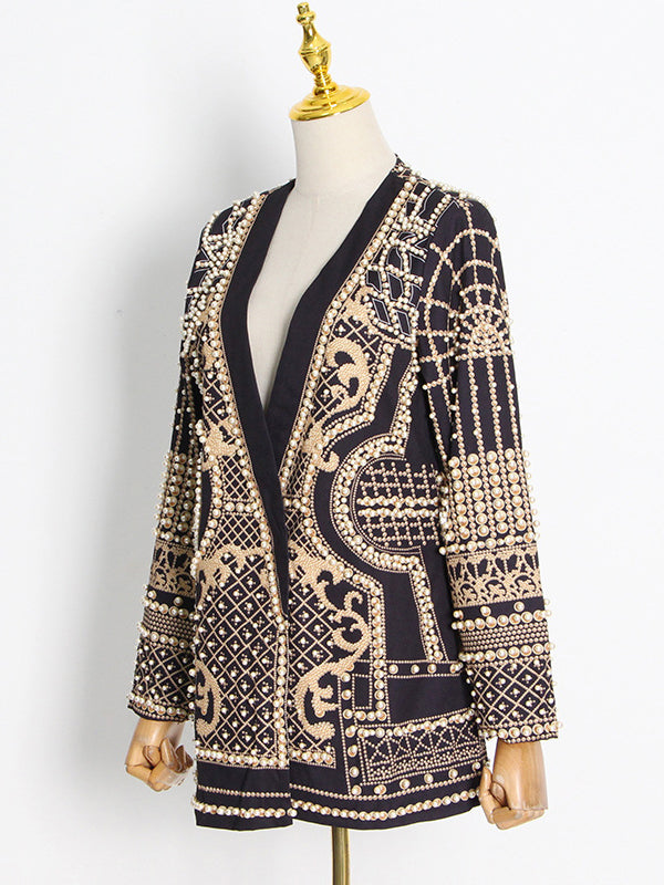 Long Sleeves Loose Beads Printed V-Neck Blazer Outerwear(Size is larger than normal.)
