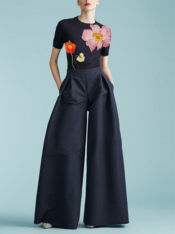 Short Sleeves Skinny Floral Printed Split-Joint Round-Neck T-Shirts