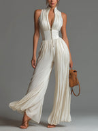 High Waisted Sleeveless Pleated Solid Color Zipper V-Neck Jumpsuits