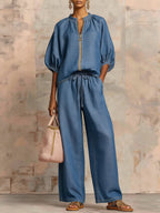 Half Sleeves Loose Drawstring Elasticity Pockets Solid Color Zipper Round-Neck Blouses&Shirts Tops Pants Trousers Two Pieces Set