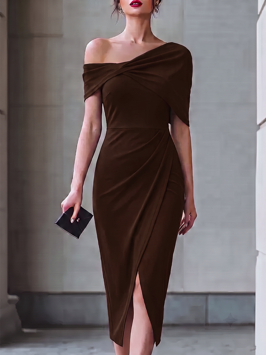 Split-front Solid Color Backless Short Sleeves Plus Size One-shoulder Midi Dresses