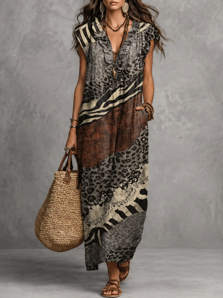 Ruffled Printed Pockets Sleeveless Loose V-Neck Maxi Dresses