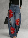 Pockets Hollow Flower Print Buttoned Wide Leg High Waisted Trousers Jean Pants Bottoms