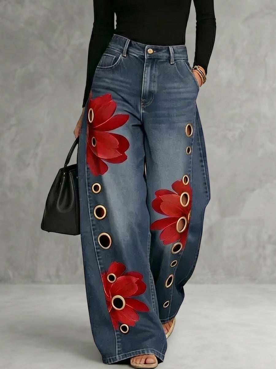 Pockets Hollow Flower Print Buttoned Wide Leg High Waisted Trousers Jean Pants Bottoms
