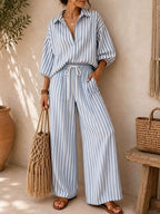 Loose Contrast Color Striped Long Sleeves Buttoned Lapel Blouses&shirts Tops + Drawstring Elasticity PocketsPants Trousers Two Pieces Set