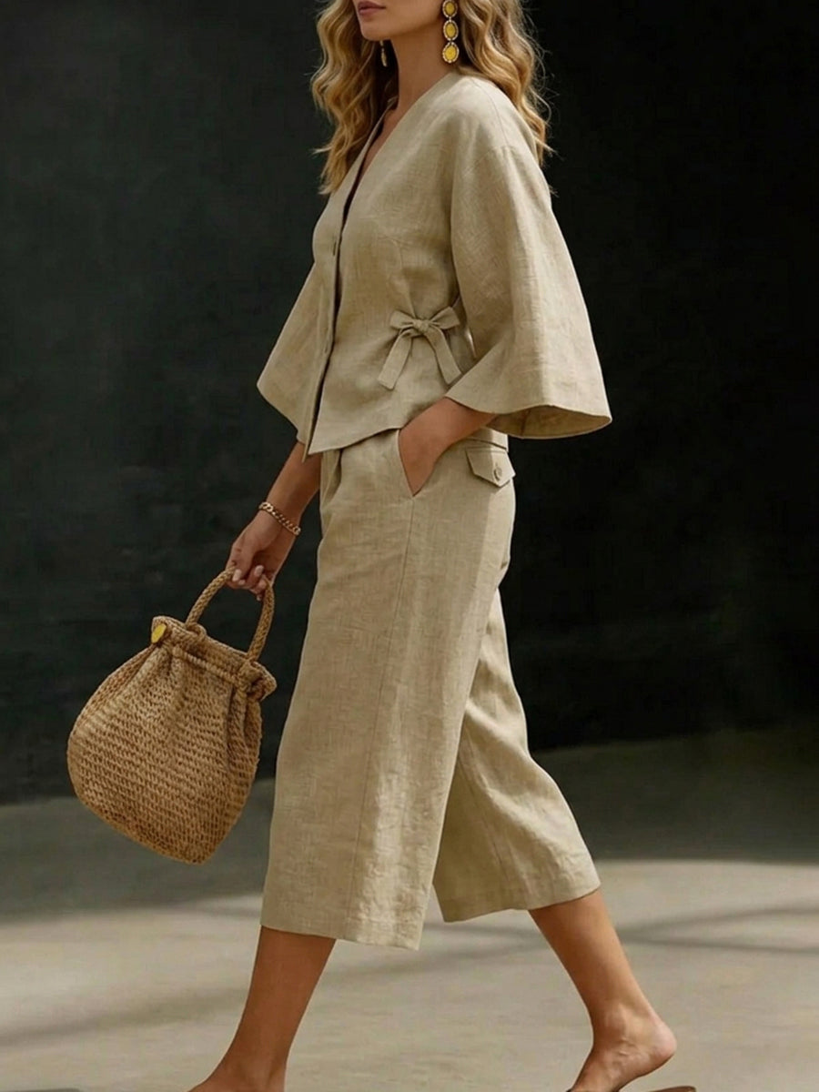 Tied Solid Color Buttoned Three-Quarter Sleeves Loose V-Neck Blouses&Shirts Tops