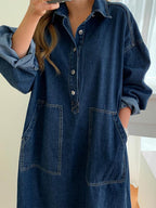 Long Sleeves Loose Buttoned Pockets Solid Color Split-Joint Split-Side Lapel Maxi Dresses Shirt Dress