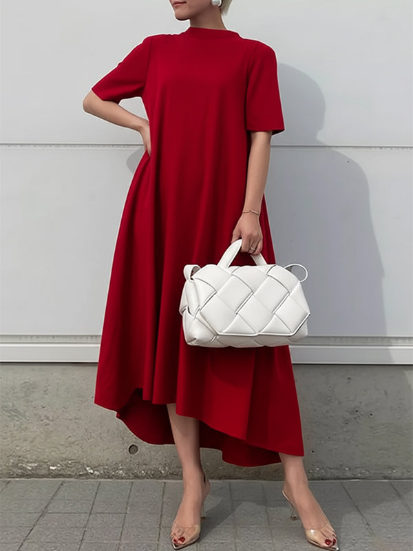 High-Low Short Sleeves Solid Color Maxi Dresses