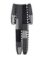 Long Sleeves Puff Sleeves Contrast Color Elasticity Polka Dot Split-Joint Striped Off-The-Shoulder Jumpsuits