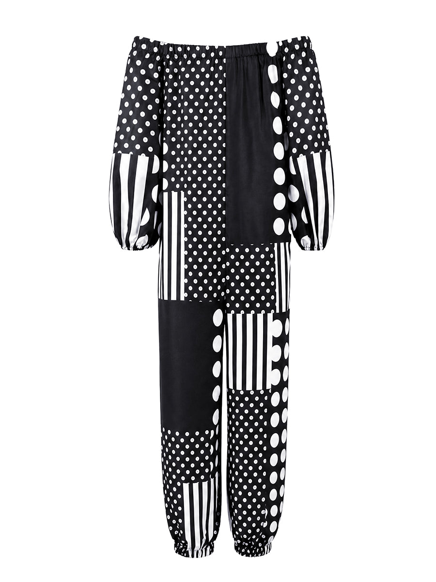 Long Sleeves Puff Sleeves Contrast Color Elasticity Polka Dot Split-Joint Striped Off-The-Shoulder Jumpsuits