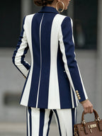 Striped Contrast Color Buttoned Long Sleeves Notched Collar Outerwear Blazer