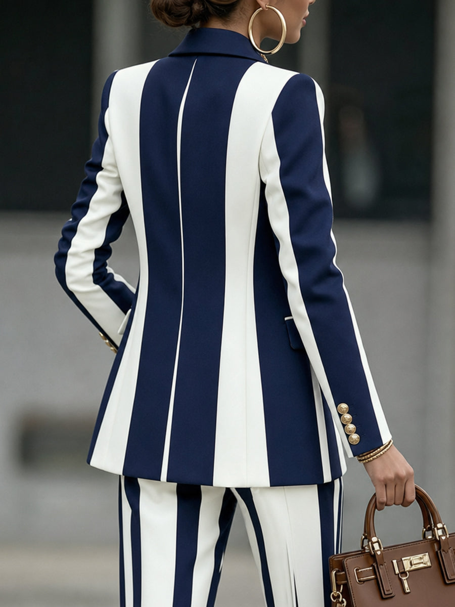 Striped Contrast Color Buttoned Long Sleeves Notched Collar Outerwear Blazer
