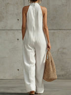 High Waisted Sleeveless Pockets Solid Color V-Neck Jumpsuits
