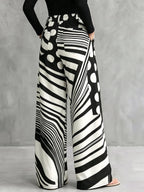 Zipper Striped Polka-Dot Pockets Contrast Color Buttoned Wide Leg Loose Trousers Pants