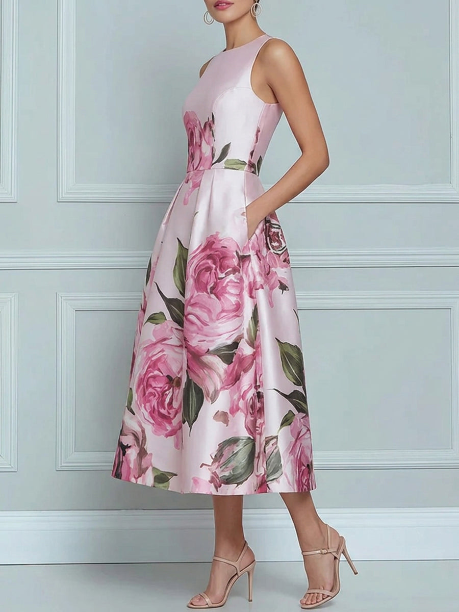 Zipper Pockets Pleated Flower Print Contrast Color Sleeveless High Waisted Round-Neck Midi Dresses