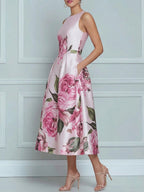 Zipper Pockets Pleated Flower Print Contrast Color Sleeveless High Waisted Round-Neck Midi Dresses
