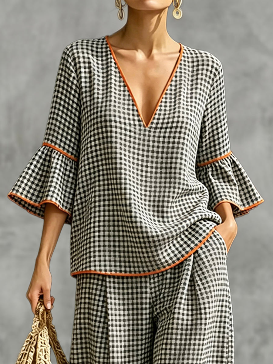 Split-Joint Plaid Contrast Color Three-quarter Sleeves Flared Sleeves V-neck Blouses&shirts Tops