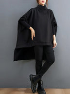 Urban Solid Color High-Neck High-Low Sweatshirt Top