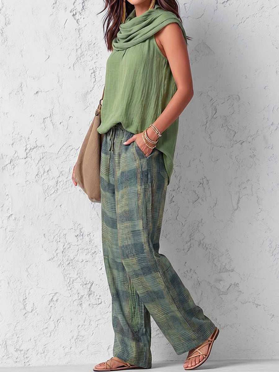 Solid Color Pleated Sleeveless Loose Halter-Neck Tank Top