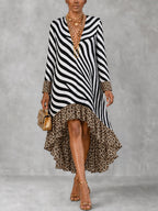 Zipper Split-Joint Ruffled Printed Leopard Loose High-low V-neck Midi Dresses