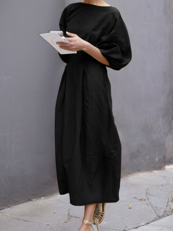 Half Sleeves Loose Solid Color Round-neck Maxi Dresses